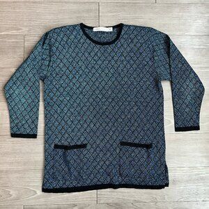 Vtg 80s Karen Lessly Tunic Sweater Argyle Shiny Shoulder Pads Blue Black Size M